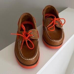 Sperry Kids Tan Moccasins with Bright Orange Accents